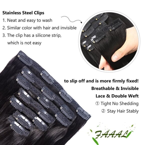 18" Clip in Human Hair Extensions Full Head 150g 7 Pieces 16 Clips Jet Black Dou - Picture 5 of 6